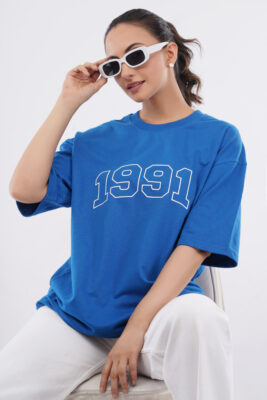 Women's Boxy Fit Oversized T-Shirt – Royal Blue 1991 Print